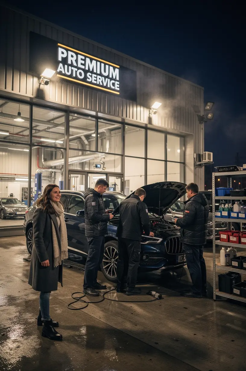 Techniker führt präzise Diagnose an Fahrzeug in professionellem Autoreparaturzentrum durch